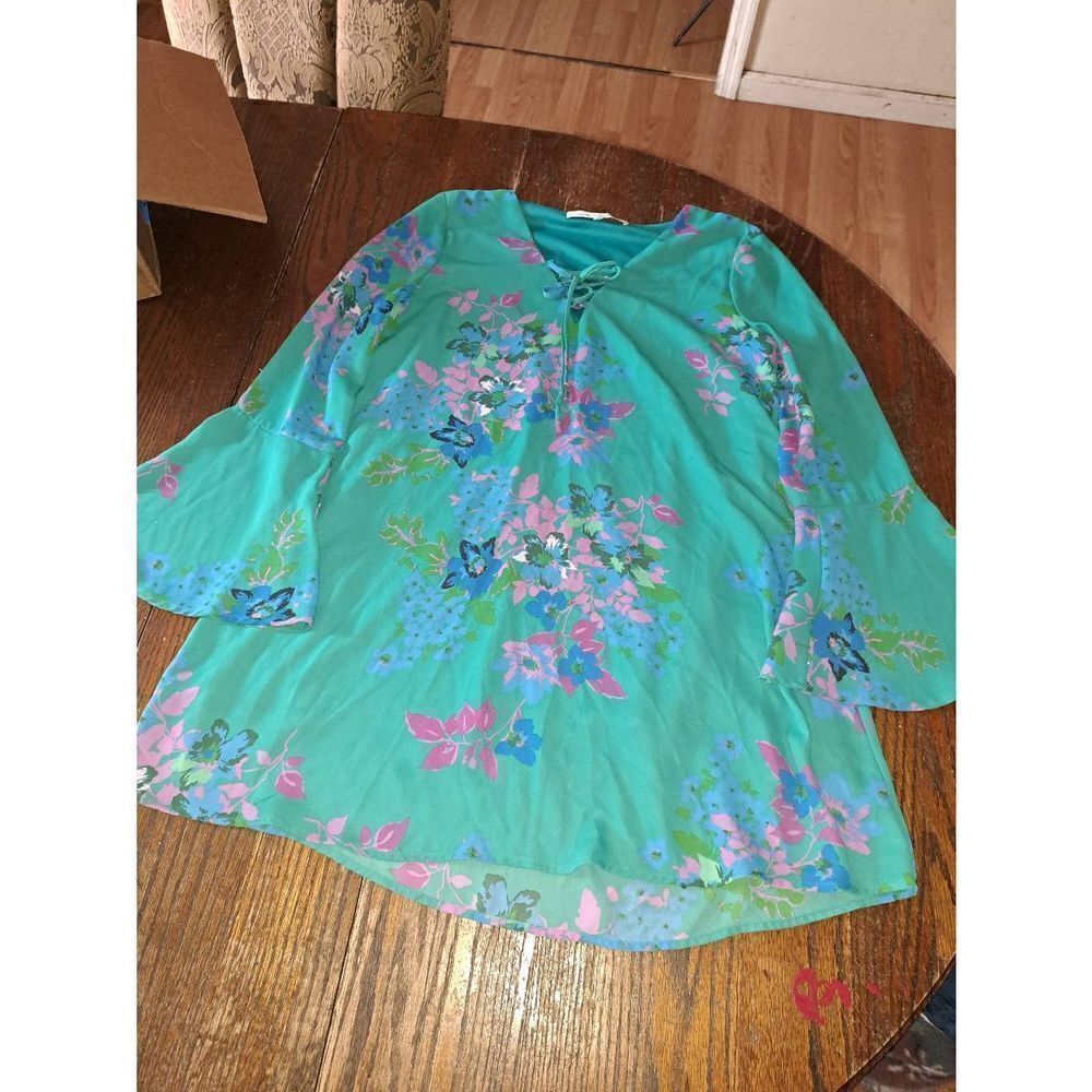 Medium Collective Concepts Long Sleeve Teal Blue Pink Green Floral Tunic Dress